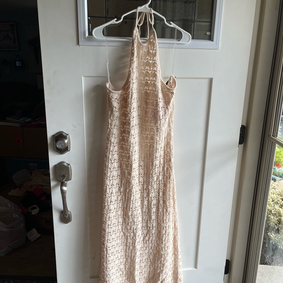 FUTURE COLLECTIVE Halter Tie Neck Open Knit Crochet Midi Dress - Picture 3 of 12